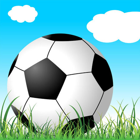 Soccer ball on the grass over cloudy blue skyのイラスト素材
