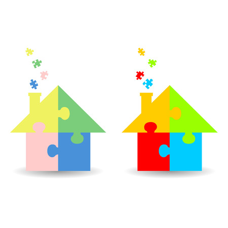 Colourful jigsaw puzzle houses isolated over white backgroundのイラスト素材