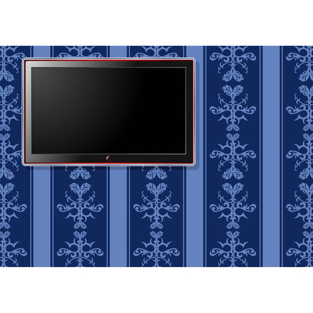 LCD television over bluish vintage pattern wallpaperのイラスト素材
