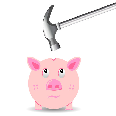 Bad financial habits. Breaking a piggy bank with hammerのイラスト素材