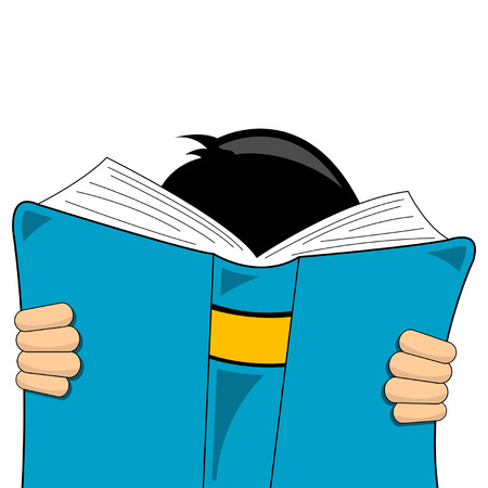 Boy holding a big blue book over whiteのイラスト素材