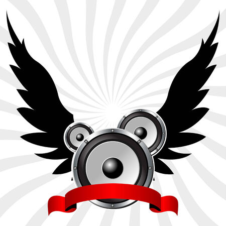 Speakers with wings and ribbon over starry backgroundのイラスト素材