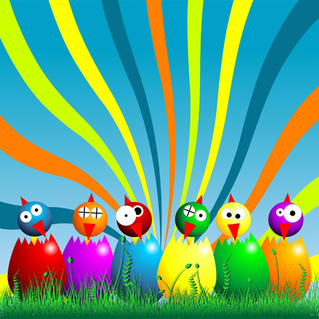 Easter chicks and on the grass over cloudy blue skyのイラスト素材