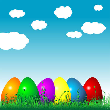 Easter eggs on the grass over cloudy blue skyのイラスト素材