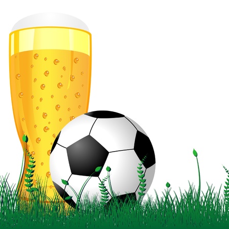 Glass of beer with soccer ball on the grassのイラスト素材