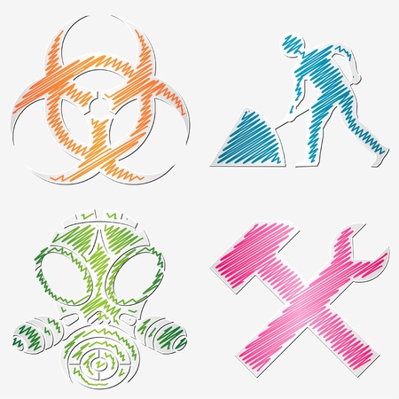 Scribbled warning symbols stickers with different colorsのイラスト素材