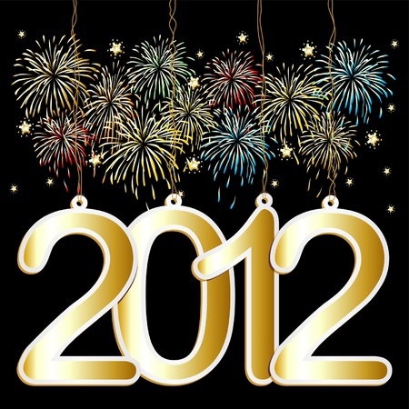 Happy New Year tags over colorful fireworkのイラスト素材