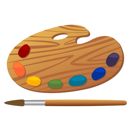 Wooden art palette with paints and brushのイラスト素材