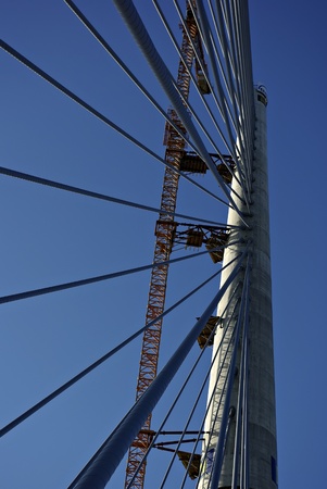 Crane and pole of new bridge over river Sava at Balgrade, Serbia の写真素材