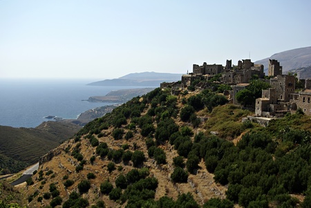 Panorama landscape of traditional old Greek village named Vathia at south Peloponnese の写真素材