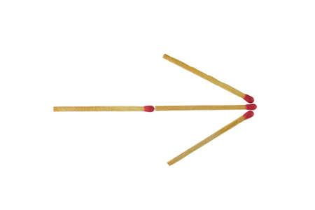 Close-up arrow shape of red matchsticks isolated on white background, Top view. Mockup. Flat lay...