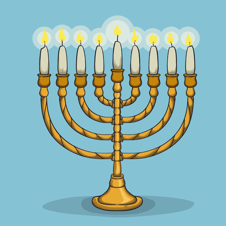 Cartoon styled golden chanukiah with all lit candlesのイラスト素材