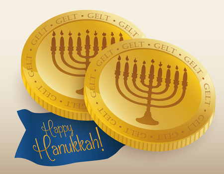 Realistic golden chocolate gelts with Chanukiah carving and happy Hanukkah message in ribbonのイラスト素材