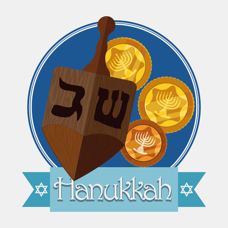Wooden dreidel with gelts and blue ribbon with Hanukkah messageのイラスト素材