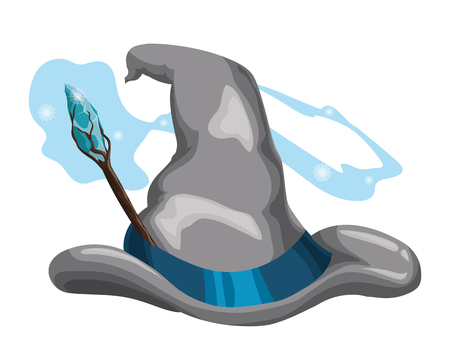 Gray wizard magic hat magic wand tip with crystal isolatedのイラスト素材