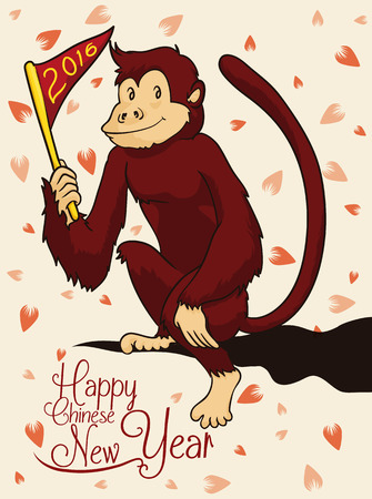 Chinese New Year poster with monkey holding a pennant and floral backgroundのイラスト素材