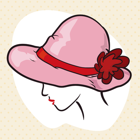 Stylish glamorous lady contour with red lips and a pink hat with red flower.のイラスト素材