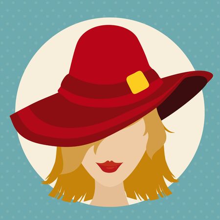 Sexy blond haired woman with red lips and hat in flat style.のイラスト素材