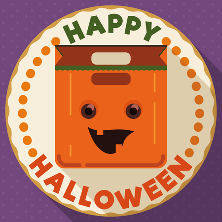 Flat design with round button and a happy smiling Halloween pumpkin basket with long shadow effect.のイラスト素材