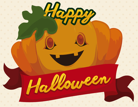 Poster with pumpkin smiling decorated with greeting message in a red ribbon to celebrate Halloween.のイラスト素材