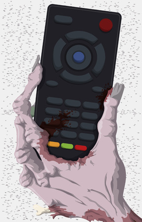 Rotten zombie hand with a bloody TV control and a tv with noise screen in the background.のイラスト素材