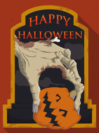 Commemorative Halloween poster with zombie hand holding a smiling pumpkin on a grave rusted frame.のイラスト素材