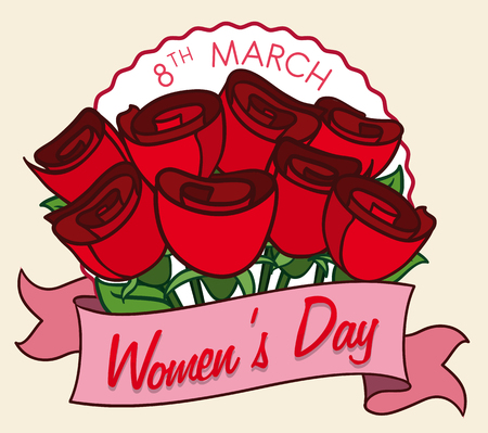 Beauty bouquet of red roses and a pink ribbon with greeting message for Women's Day.のイラスト素材