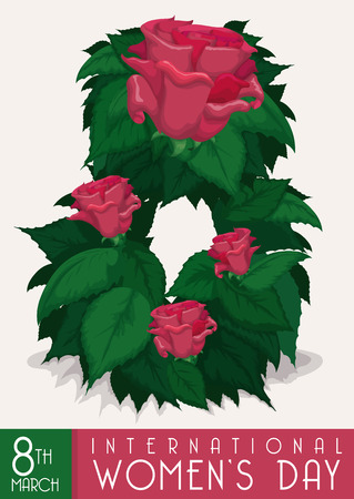 Number eight formed for leaves and pink roses commemorating the Women's Day in March.のイラスト素材