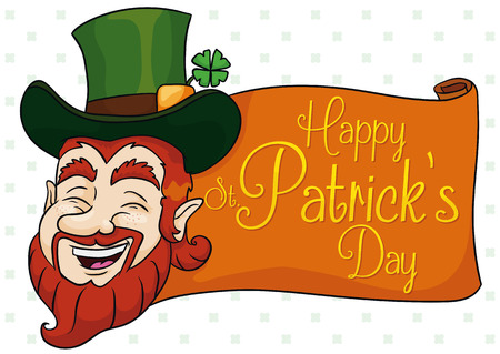 Happy leprechaun elf ready to party in St. Patrick's Day with scroll and golden text.のイラスト素材