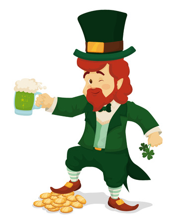 Lucky leprechaun with four-leaf clovers, his new found treasure and limited edition green beer for St. Patrick's Day celebration.のイラスト素材