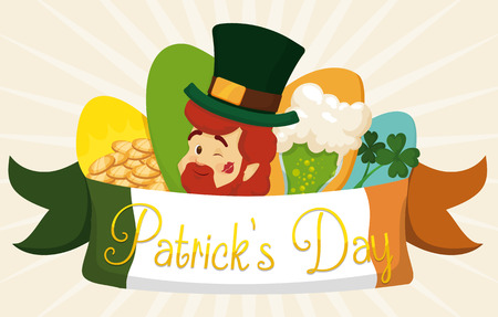 Special set of St. Patrick's Day elements: leprechaun elf, gold coins, lucky clovers and foamy beer!のイラスト素材
