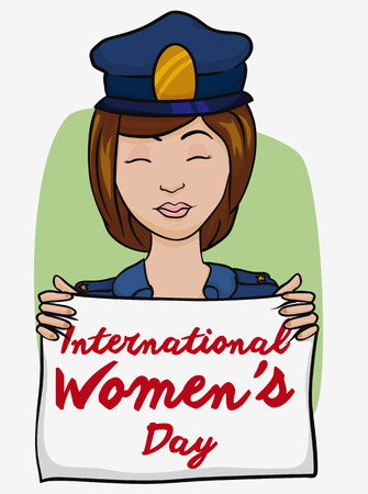 Pretty policewoman with blue uniform holding a white flag with Women's Day message.のイラスト素材