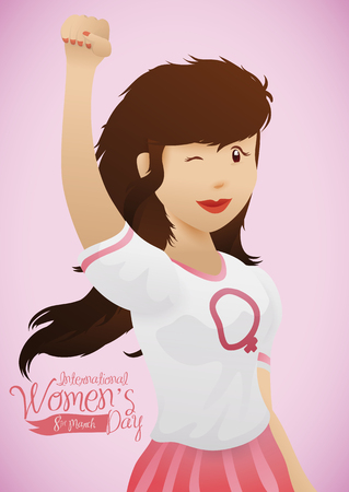Pretty young girl with withe shirt with woman's symbol stamp and her hand in high for Women's Day celebration.のイラスト素材