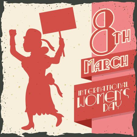 Elegant woman with vintage clothes marching for Women's Day commemoration in retro poster design.のイラスト素材