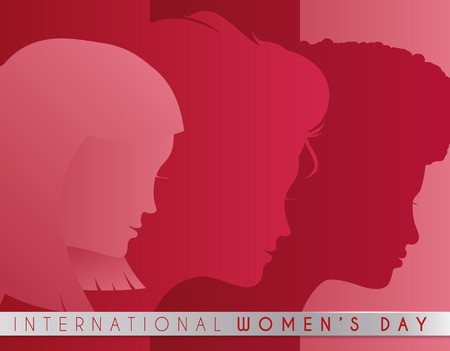 Women Faces silhouettes  in pink and red palette with a ribbon with Women's Day celebration.のイラスト素材