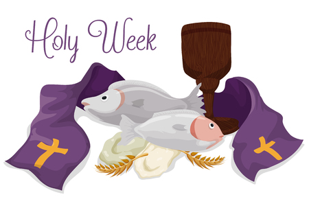 Fishes, breads, wooden chalice, ears of wheat and a purple stole of Catholic Lent holiday.のイラスト素材