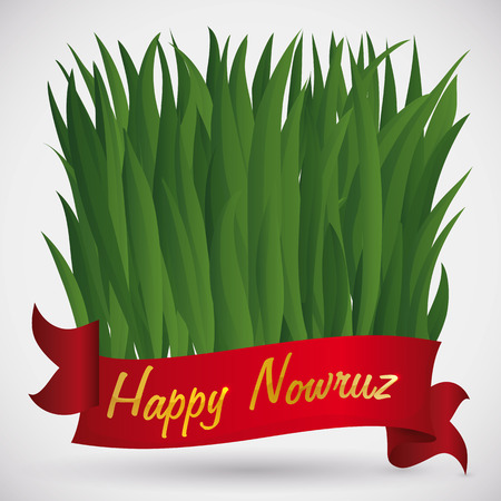 Freshly wheat grass leaves behind a red ribbon (or "Sabzeh" in Haft Seen tradition) with golden greeting text, growing for Nowruz (Persian New Year) tradition.のイラスト素材