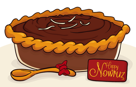 Translucent container with delicious samanu with a golden spoon with a bow and a card with greeting message for Nowruz.のイラスト素材