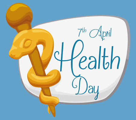 Commemorating sign for World Health Day with a golden rod of Asclepius in cartoon style.のイラスト素材