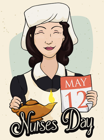 Nurse wearing classic uniform and holding up a oil lamp and calendar in her hands, reminder of Nurses Day in retro poster.のイラスト素材