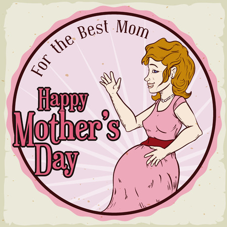 Retro rounded design with a happy pregnant woman to celebrate Mother's Day.のイラスト素材