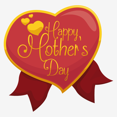Golden heart-shape badge with greeting message inside for Mother's Day with red ribbons.のイラスト素材