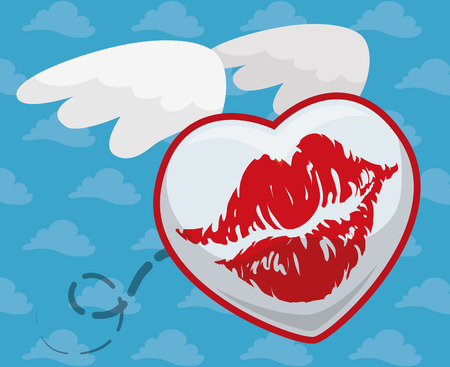Kissing in a heart shape with wings flying around in a cloudy background.のイラスト素材