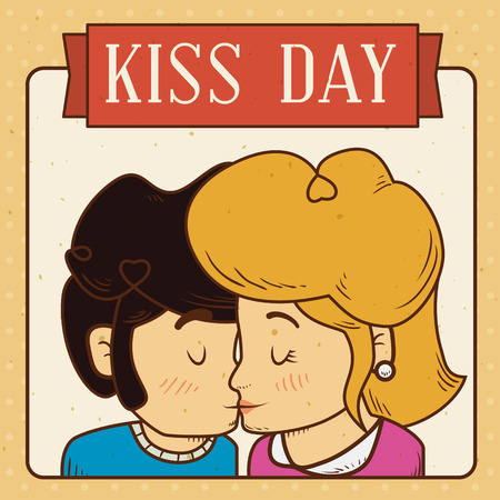 Retro design poster for Kissing Day with a couple kissing and a ribbon in the top.のイラスト素材