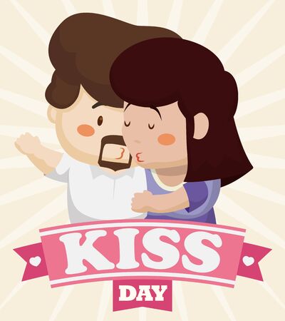 Cute couple kissing in the top of pink ribbon commemorating Kissing Day.のイラスト素材