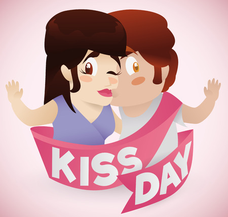 Couple kissing with a commemorative pink ribbon for Kissing Day.のイラスト素材