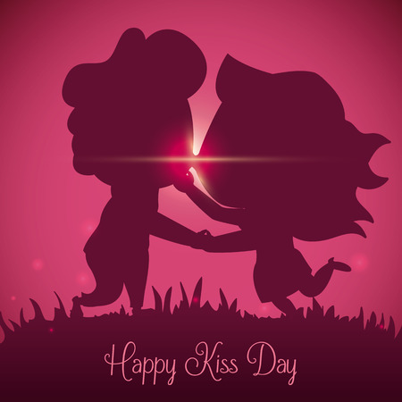 Cute couple silhouette giving a kissing in a pink sunset of Kissing Day.のイラスト素材