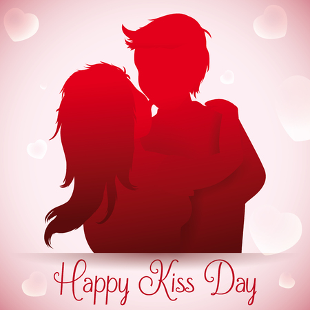 In love couple kissing silhouette with floating hearts in background for Kiss Day.のイラスト素材