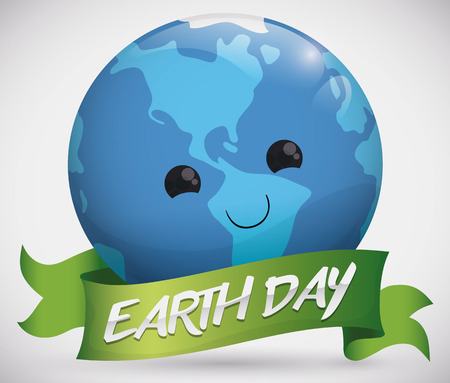 Cute planet face smiling behind a green ribbon in Earth Day holiday.のイラスト素材