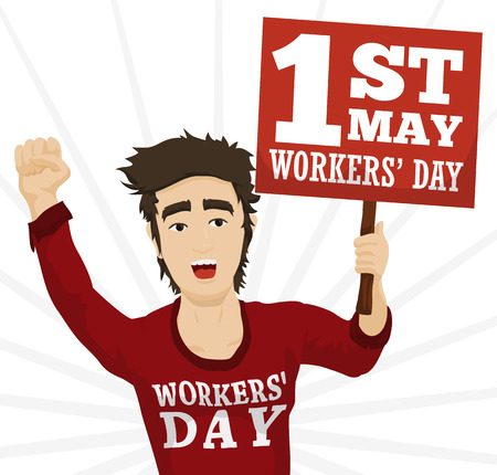 Young man holding a banner in a march commemorating Workers' Day in 1st May.のイラスト素材